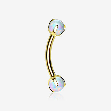 Golden Fire Opal Claw Prong Set Sparkle Internally Threaded Curved Barbell-White Opal